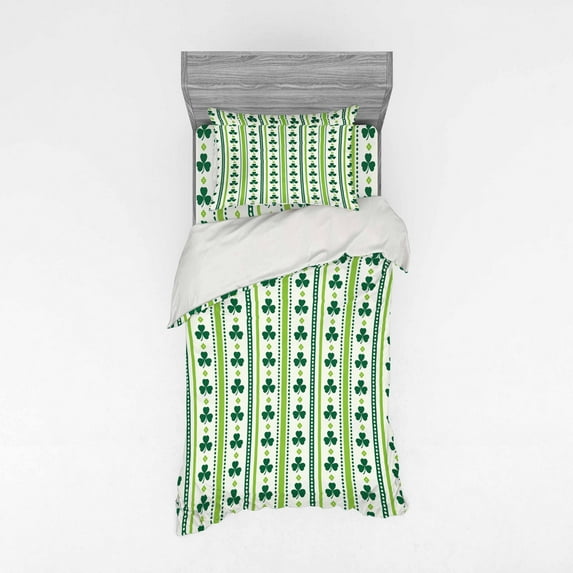 Ambesonne Floral Bedding Set 3 Pcs, Irish Clovers Lines Dots, Twin, Lime Green Dark Green