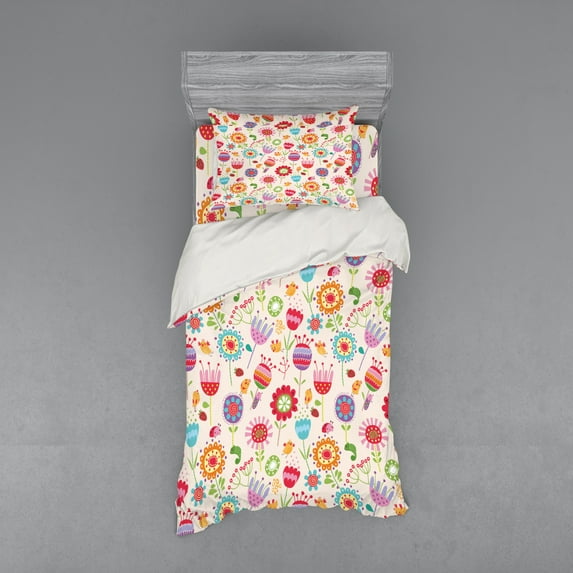 Ambesonne Floral Bedding Set 3 Pcs, Ladybug Strawberry Bird, Twin XL, Multicolor