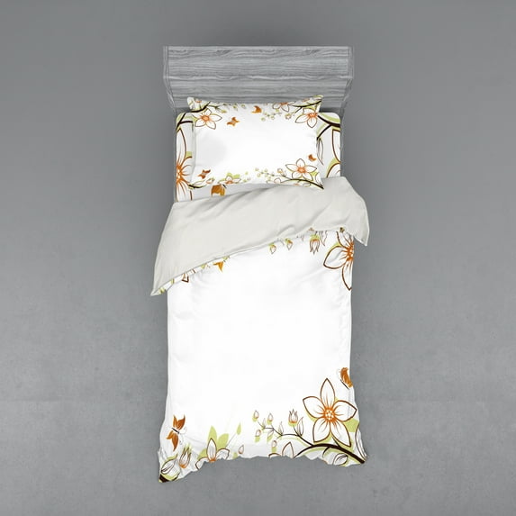 Ambesonne Floral Bedding Set 3 Pcs, Leaves Branches Buds, Twin, Pale Green Pale Brown