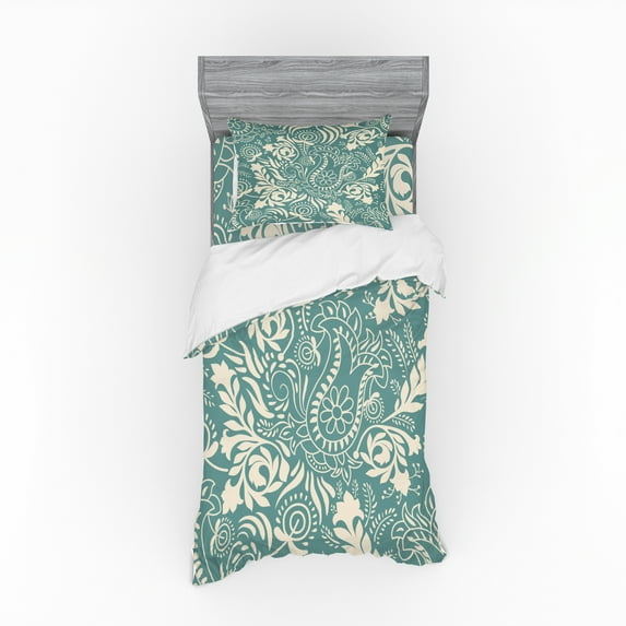 Ambesonne Floral Bedding Set 3 Pcs, Marrakech Paisley, Twin XL, Teal and Beige