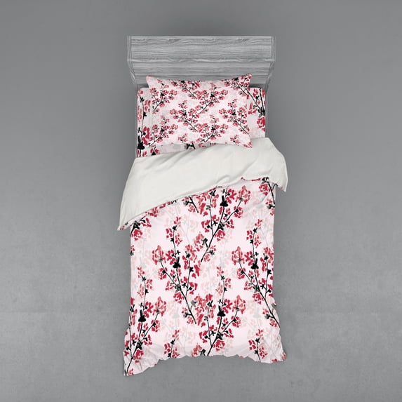 Ambesonne Floral Bedding Set 3 Pcs, Nature Inspired Branches, Twin, Rose Ruby Black