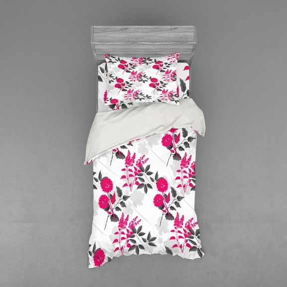 Ambesonne Floral Bedding Set 3 Pcs, Nostalgic Leaf and Flowers, Twin, Magenta Dark Grey White