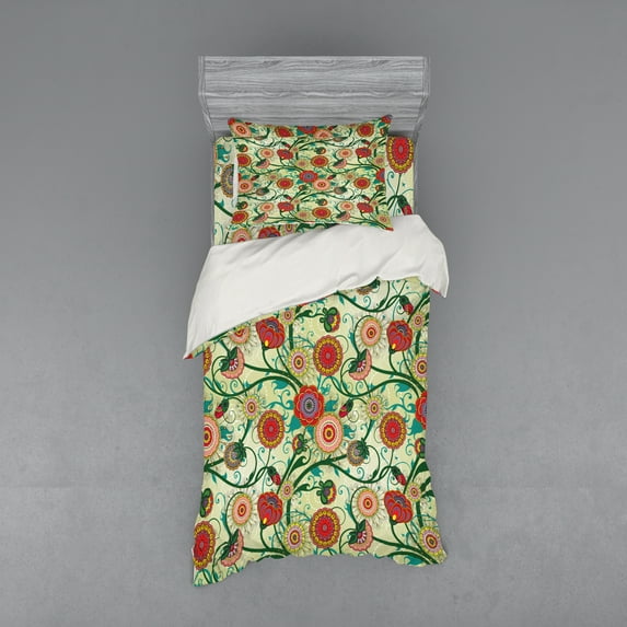 Ambesonne Floral Bedding Set 3 Pcs, Oriental Inspirations, Twin, Multicolor