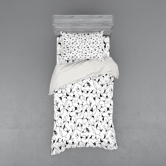 Ambesonne Floral Bedding Set 3 Pcs, Oriental Leaf Designs, Twin, White Black