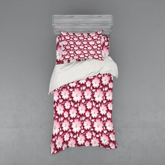 Ambesonne Floral Bedding Set 3 Pcs, Petal of Japanese Cherry, Twin XL, Pale Pink Maroon Yellow