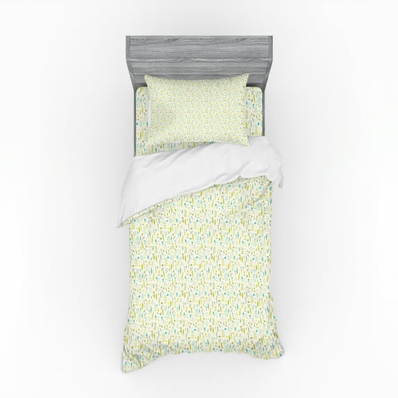 Ambesonne Floral Bedding Set 3 Pcs, Poetic Jolly Season Items, Twin, Cream Yellow Green