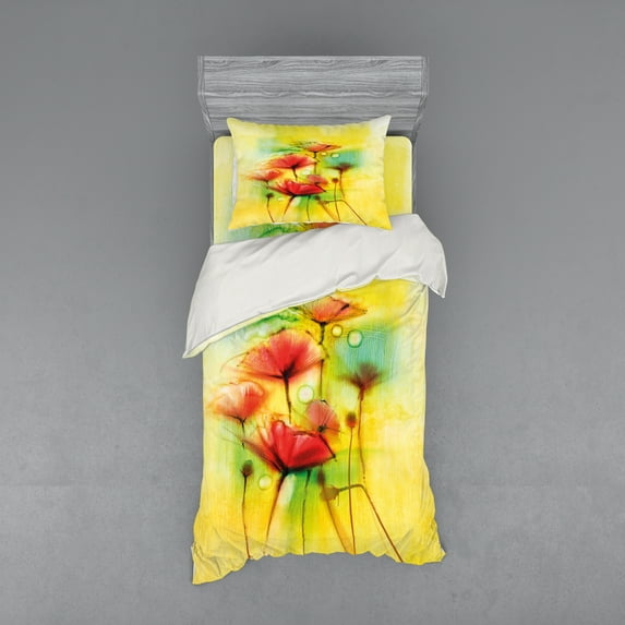 Ambesonne Floral Bedding Set 3 Pcs, Poppy Flowers Blossom, Twin, Yellow Red