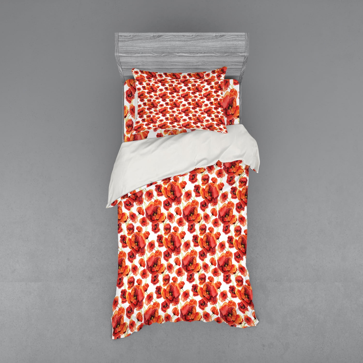 Twin Red and White Floral Cotton Duvet Cover Set