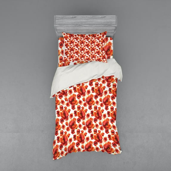 Ambesonne Floral Bedding Set 3 Pcs, Red Poppy Flowers, Twin XL, Red and White