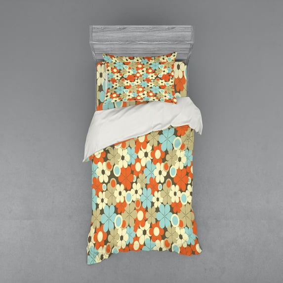 Ambesonne Floral Bedding Set 3 Pcs, Retro Simple Flowers, Twin XL, Multicolor