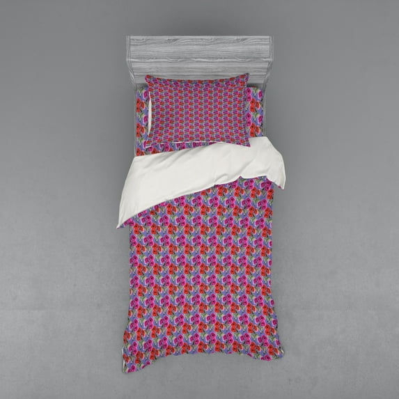Ambesonne Floral Bedding Set 3 Pcs, Romantic Poppy Petals Art, Twin XL, Magenta Vermilion