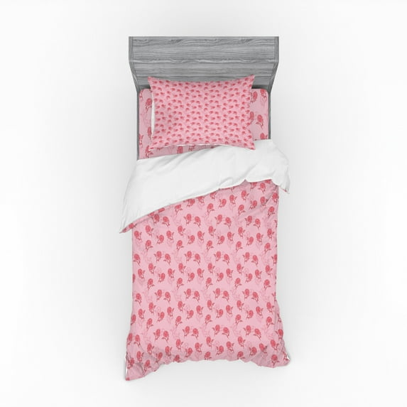 Ambesonne Floral Bedding Set 3 Pcs, Romantic Roses Leaves Sketch, Twin XL, Pastel Pink and Rose