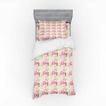 Ambesonne Floral Bedding Set 3 Pcs, Rose Bouquetnd SakurTree, Twin, Multicolor