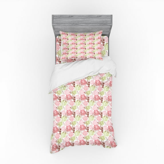 Ambesonne Floral Bedding Set 3 Pcs, Rose Bouquetnd SakurTree, Twin, Multicolor