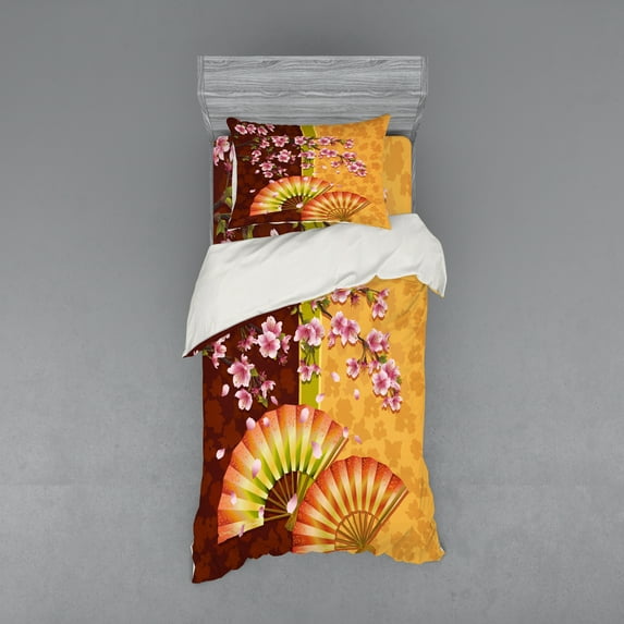 Ambesonne Floral Bedding Set 3 Pcs, Sakura Blossoms, Twin XL, Pale Pink Marigold