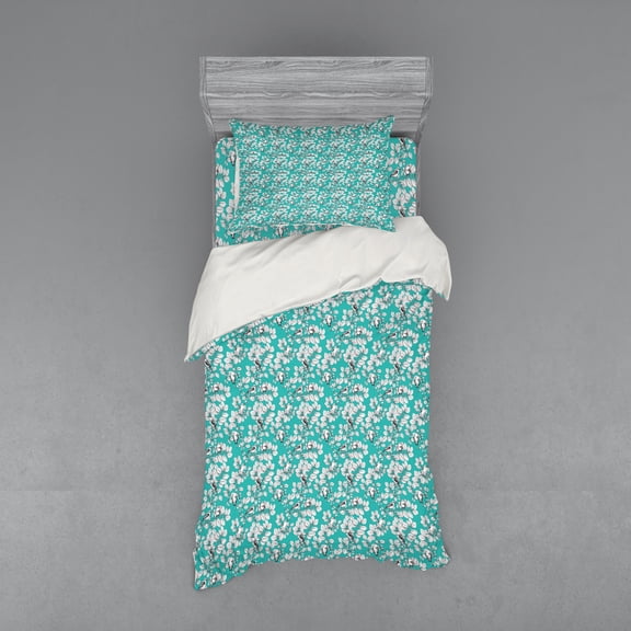 Ambesonne Floral Bedding Set 3 Pcs, Singing Birds on Branches, Twin XL, Dark Seafoam Multicolor