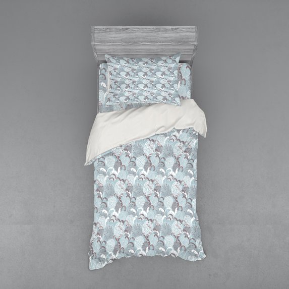 Ambesonne Floral Bedding Set 3 Pcs, Soft Shabby Petals Leaf, Twin, Pale Blue White Taupe