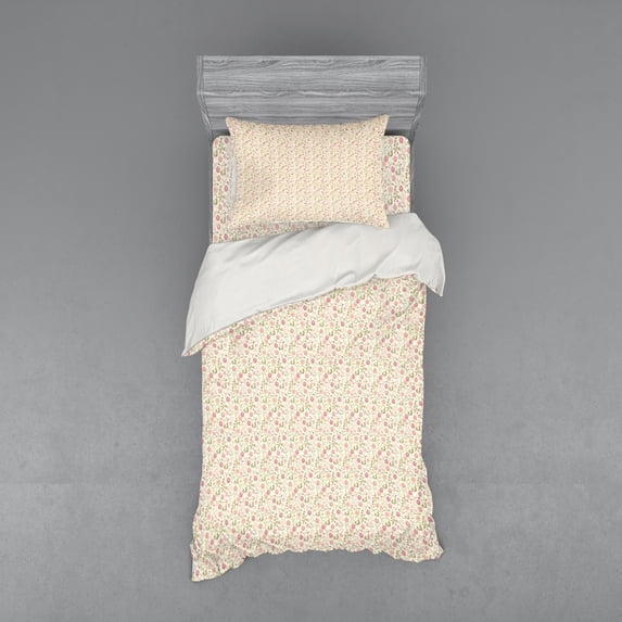 Ambesonne Floral Bedding Set 3 Pcs, Soft Summer Foliage, Twin, Pink Peach Green