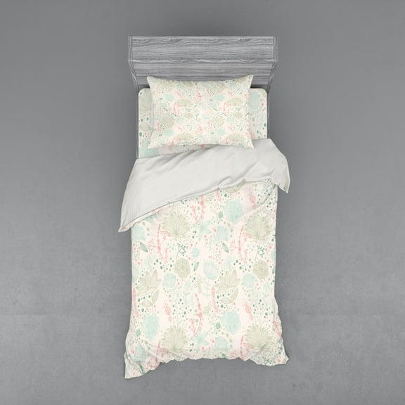 Ambesonne Floral Bedding Set 3 Pcs, Soft Toned Nature Theme, Twin XL, Pale Green Mint Green