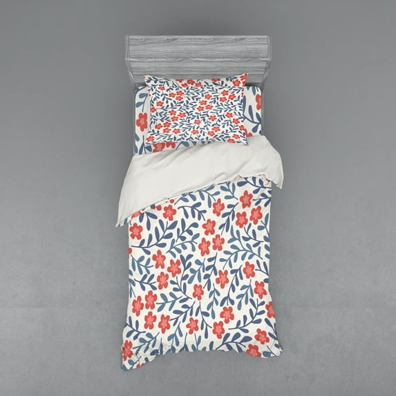 Ambesonne Floral Bedding Set 3 Pcs, Spring Imagery Vintage, Twin, Cadet Blue Coral Cream