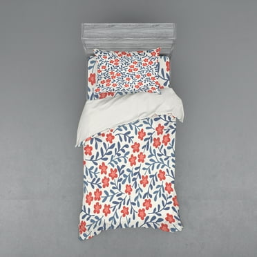 Ambesonne Floral Bedding Set 3 Pcs, Spring Imagery Vintage, Twin XL, Cadet Blue Coral Cream
