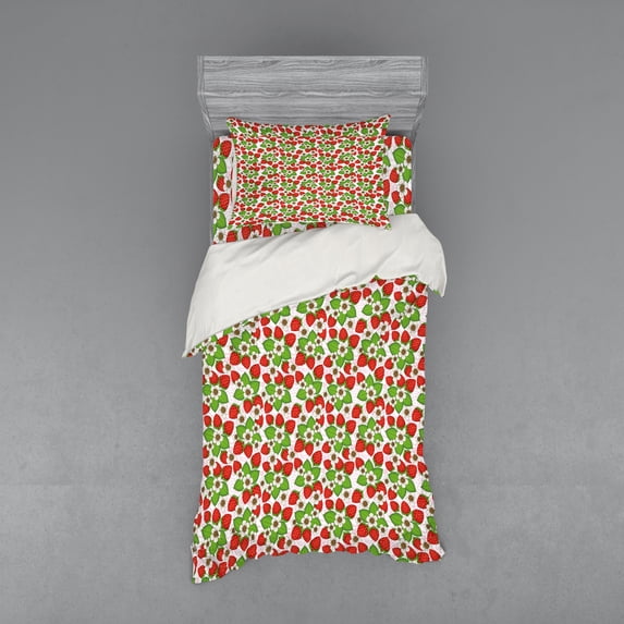 Ambesonne Floral Bedding Set 3 Pcs, Strawberries Summertime, Twin, Vermilion Green Pink