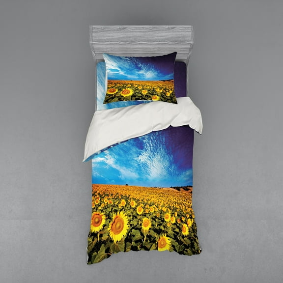Ambesonne Floral Bedding Set 3 Pcs, Sunflower Garden Nature, Twin, Yellow and Blue