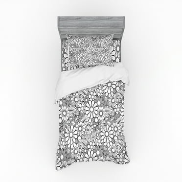 Ambesonne Floral Bedding Set 3 Pcs, Top View Flowers, Twin, Charcoal Grey White