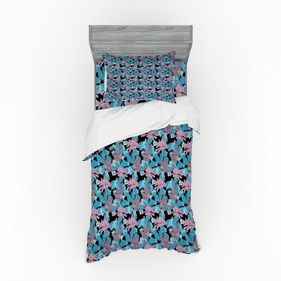 Ambesonne Floral Bedding Set 3 Pcs, Tropic Pattern Spring Petal, Twin XL, Pale Muave Black