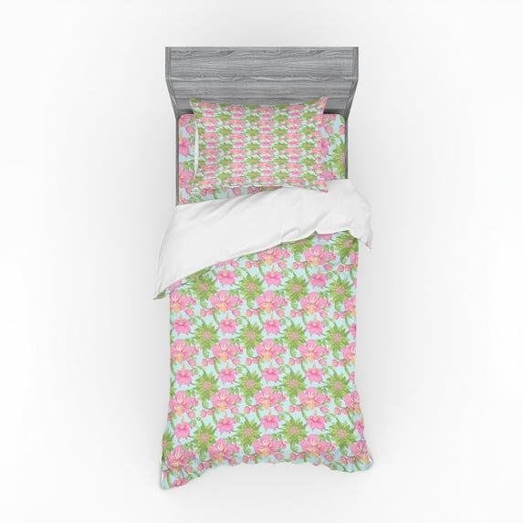 Ambesonne Floral Bedding Set 3 Pcs, Tropical Hibiscus Blossom, Twin, Fern Green Pale Pink