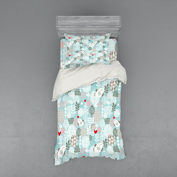 Ambesonne Floral Bedding Set 3 Pcs, Valentines Birds, Twin, Multicolor