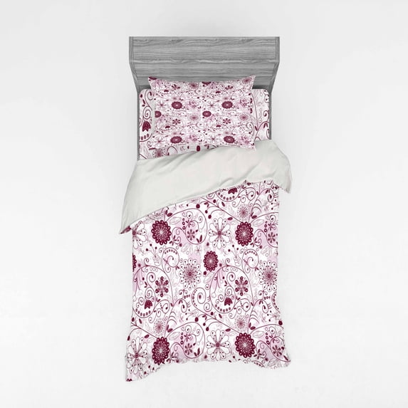 Ambesonne Floral Bedding Set 3 Pcs, Vibrant Baroque, Twin, Maroon Rose