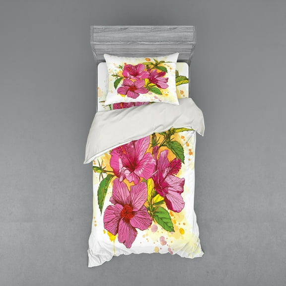 Ambesonne Floral Bedding Set 3 Pcs, Vibrant Hibiscus Flower, Twin, Earth Yellow Fuchsia