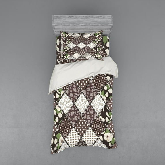 Ambesonne Floral Bedding Set 3 Pcs, Vintage Flowers Bridal, Twin XL, Brown Beige