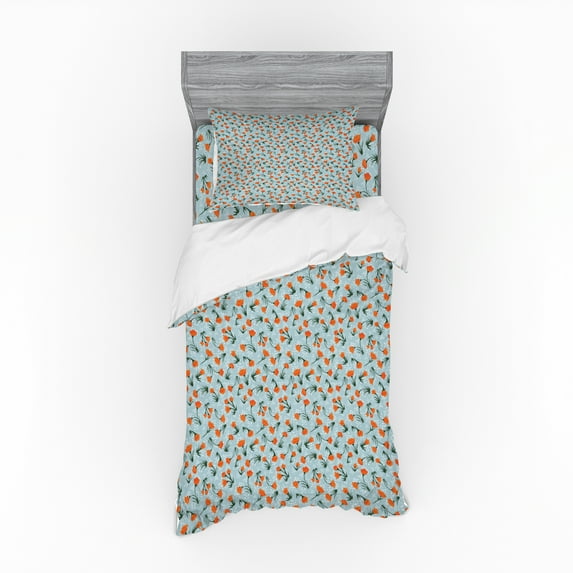Ambesonne Floral Bedding Set 3 Pcs, Vintage Flowers on Branches, Twin XL, Pale Blue Burnt Orange