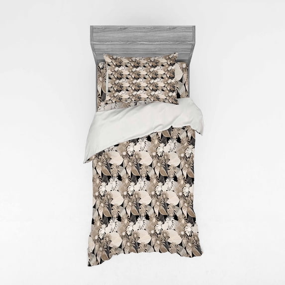 Ambesonne Floral Bedding Set 3 Pcs, Vintage Plant Soft Color, Twin, Tan Black