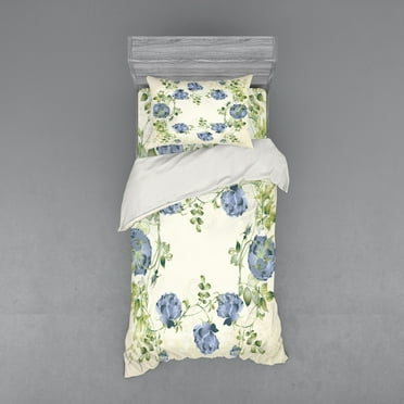 Ambesonne Floral Bedding Set 3 Pcs, Vintage Roses Framework, Twin XL, Blue Green Cream