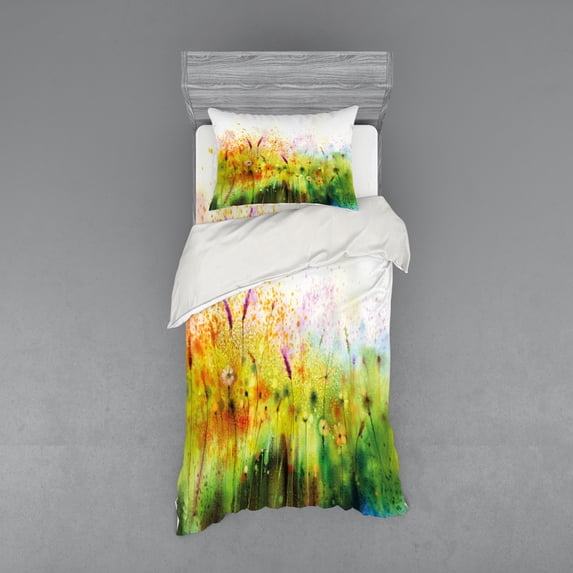 Ambesonne Floral Bedding Set 3 Pcs, Violet Garden Flower, Twin, Green