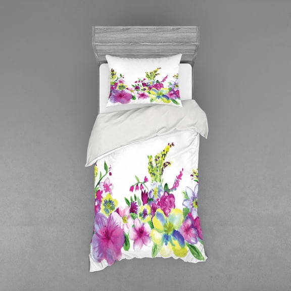 Ambesonne Floral Bedding Set 3 Pcs, Watercolor Garden, Twin, Pink Green