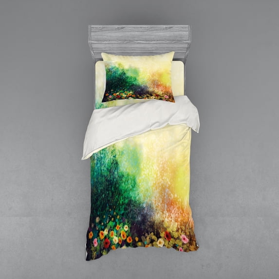 Ambesonne Floral Bedding Set 3 Pcs, Wild Flowers on Meadow, Twin, Green Mustard