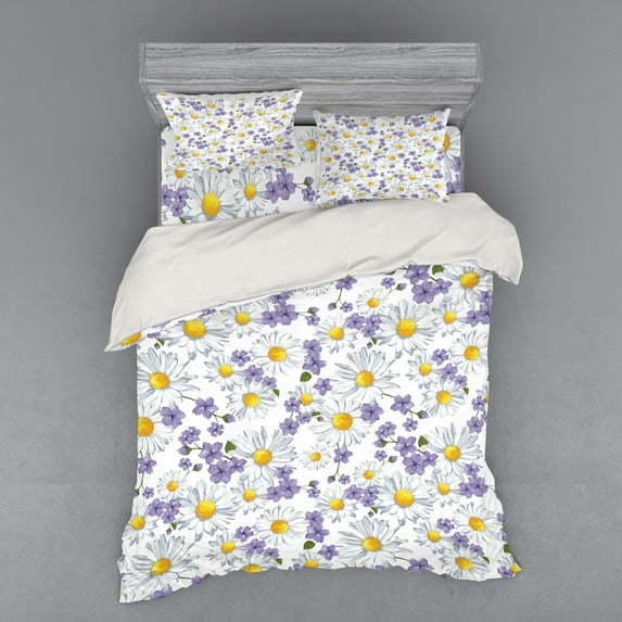 Ambesonne Floral Bedding Set 4 Pcs, Blossoming Wild Flowers, Queen, White Yellow Purple