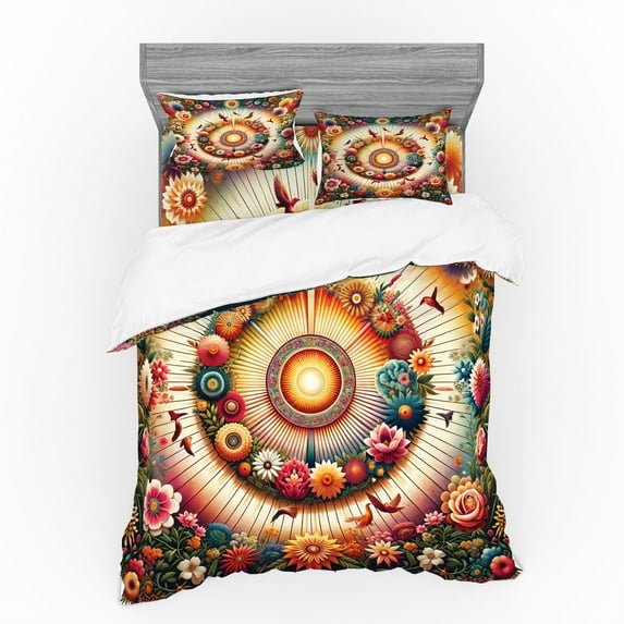 Ambesonne Floral Bedding Set 4 Pcs, Botanical Colorful Circle, King, Orange Evergreen Pink