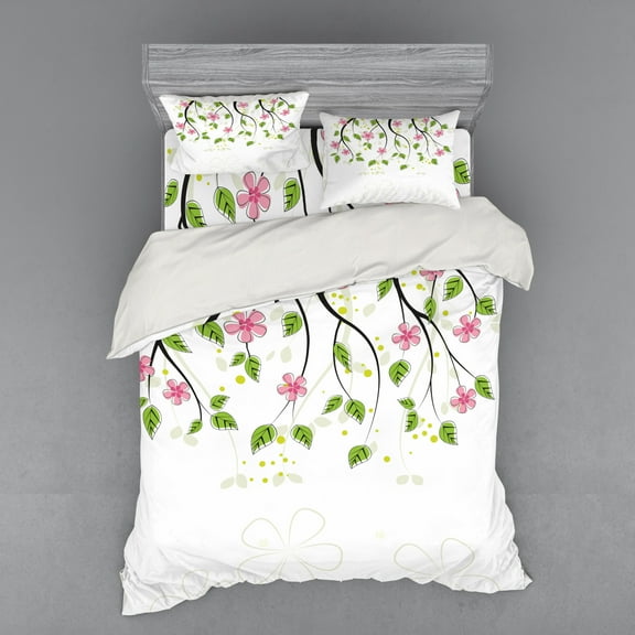 Ambesonne Floral Bedding Set 4 Pcs, Branch with Flowers, Queen, Pink Green