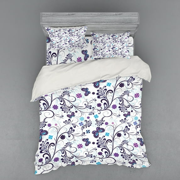 Ambesonne Floral Bedding Set 4 Pcs, Butterflies and Swirls, Queen, Dark Purple Pale Blue
