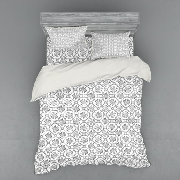 Ambesonne Floral Bedding Set 4 Pcs, Classic Floral Vintage, Queen, White and Grey