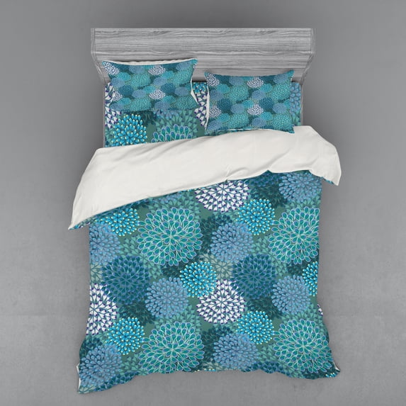 Ambesonne Floral Bedding Set 4 Pcs, Clove Petals Vibrant, Queen, Petrol Blue Teal