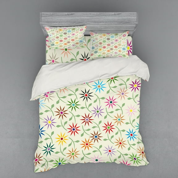 Ambesonne Floral Bedding Set 4 Pcs, Colorful Graphic Garden, Queen, Multicolor