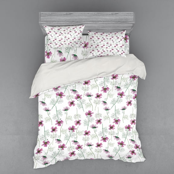 Ambesonne Floral Bedding Set 4 Pcs, Cosmos Flowers in Pink, Queen, Pink Green White