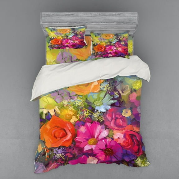 Ambesonne Floral Bedding Set 4 Pcs, Daisies Peony Gerbera, Queen, Multicolor