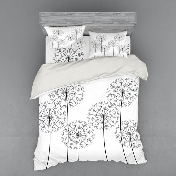 Ambesonne Floral Bedding Set 4 Pcs, Digital Flower Dandelion, Queen, Black and White
